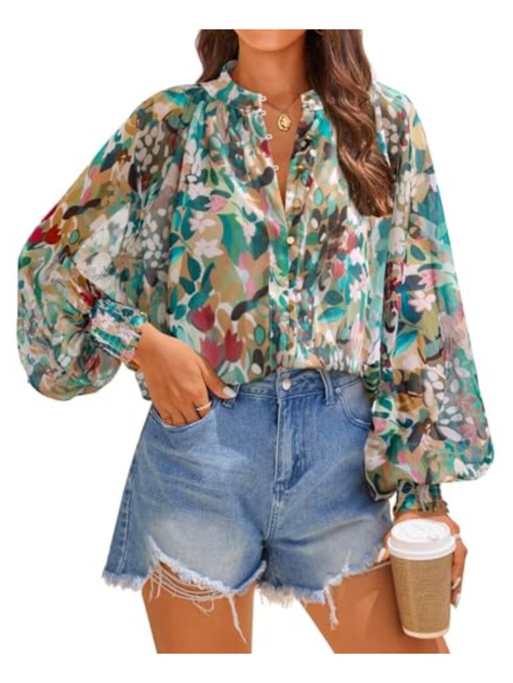 Women's Floral Print Boho Blouse Long Sleeve Button Down Oversized Shirt